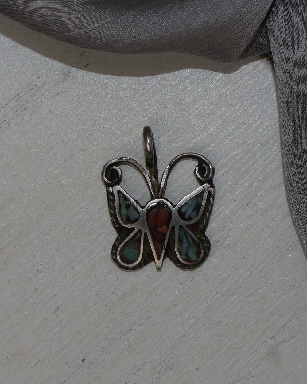 Vintage Sterling Silver Turquoise & Coral Butterfly Pendant 3G / 0.9in